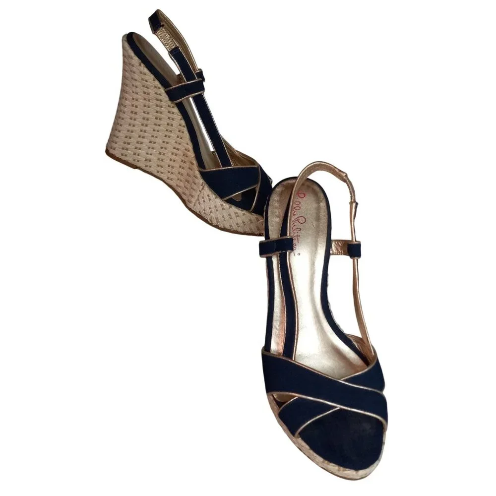 Lilly Pulitzer 8.5M Sandals Ashley Wedge Canvas Navy Gold Espadrilles Platform
